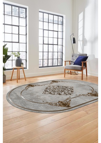 Baskılı Kaymaz Yıkanabilir Çerçeveli Klasik Yolluk Oval Mutfak Salon Halısı, O-Klasik-05-Kahve,