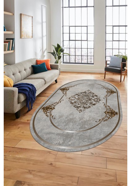 Baskılı Kaymaz Yıkanabilir Çerçeveli Klasik Yolluk Oval Mutfak Salon Halısı, O-Klasik-05-Kahve, fırsatları