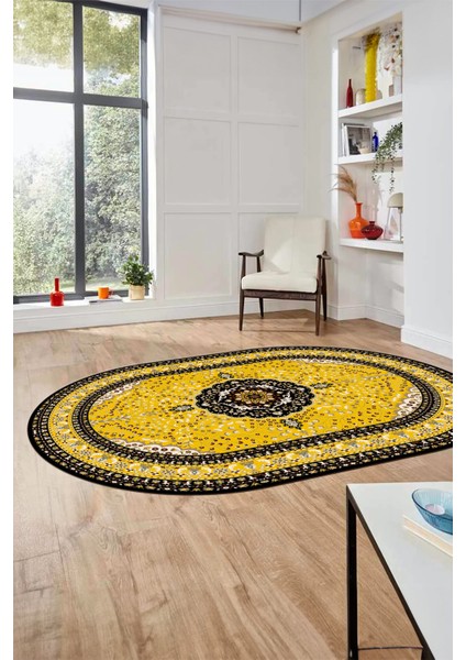 Renkli Klasik Desen Dijital Kaymaz Yıkanabilir Oval Yolluk Salon Halısı, O-Klasik-26-Sarı, fiyatları