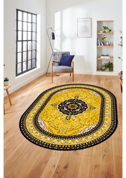 Renkli Klasik Desen Dijital Kaymaz Yıkanabilir Oval Yolluk Salon Halısı, O-Klasik-26-Sarı, modelleri