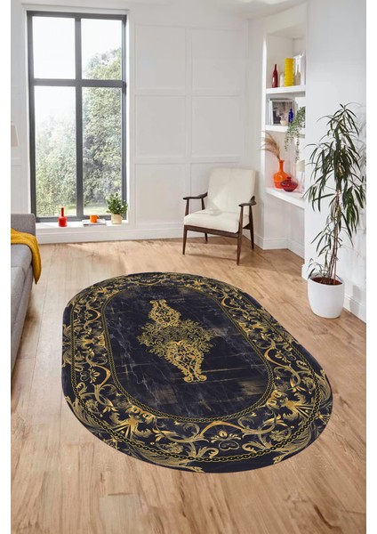 Göbekli Klasik Motifli Dijital Kaymaz Yıkanabilir Oval Yolluk Salon Halısı, O-Klasik-28-Gold,
