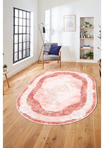 Baskılı Kaymaz Yıkanabilir Çerçeveli Klasik Desen Oval Mutfak Salon Halısı, O-Klasik-01-Kırmızı,