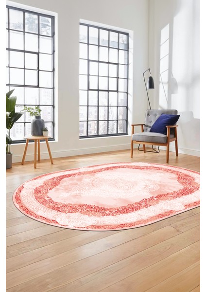Baskılı Kaymaz Yıkanabilir Çerçeveli Klasik Desen Oval Mutfak Salon Halısı, O-Klasik-01-Kırmızı,