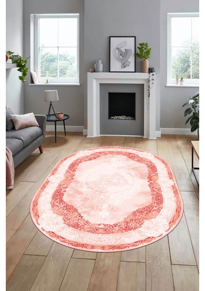 Baskılı Kaymaz Yıkanabilir Çerçeveli Klasik Desen Oval Mutfak Salon Halısı, O-Klasik-01-Kırmızı,