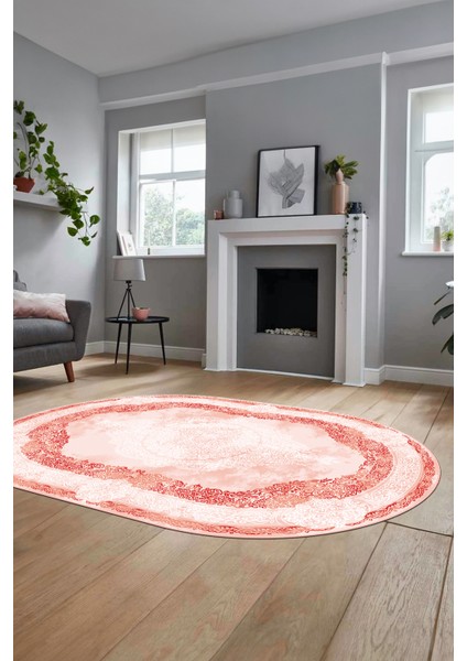 Baskılı Kaymaz Yıkanabilir Çerçeveli Klasik Desen Oval Mutfak Salon Halısı, O-Klasik-01-Kırmızı,