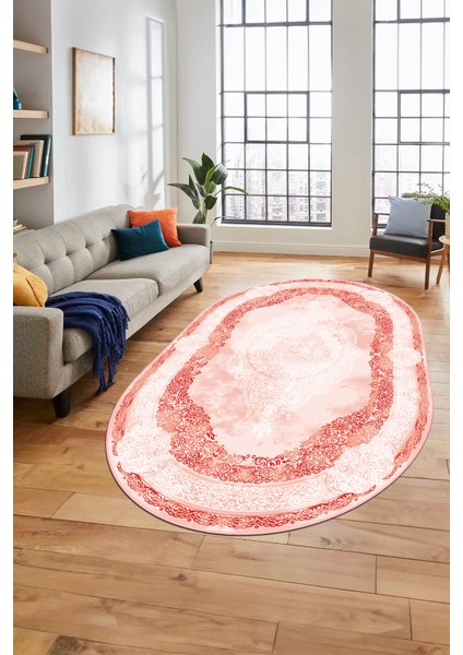 Baskılı Kaymaz Yıkanabilir Çerçeveli Klasik Desen Oval Mutfak Salon Halısı, O-Klasik-01-Kırmızı,