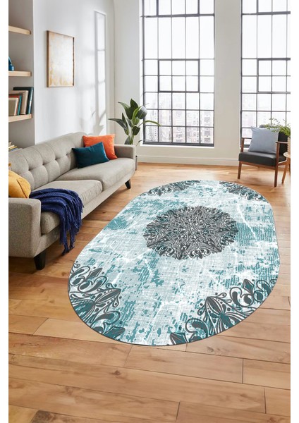 Şık Klasik Desen Dijital Kaymaz Taban Yıkanabilir Oval Yolluk Salon Halısı, O-Klasik-19-Mavi,