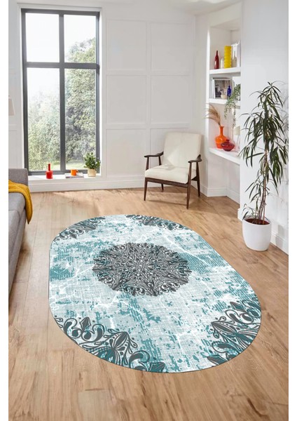 Şık Klasik Desen Dijital Kaymaz Taban Yıkanabilir Oval Yolluk Salon Halısı, O-Klasik-19-Mavi, modelleri