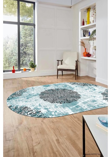 Şık Klasik Desen Dijital Kaymaz Taban Yıkanabilir Oval Yolluk Salon Halısı, O-Klasik-19-Mavi, fırsatları