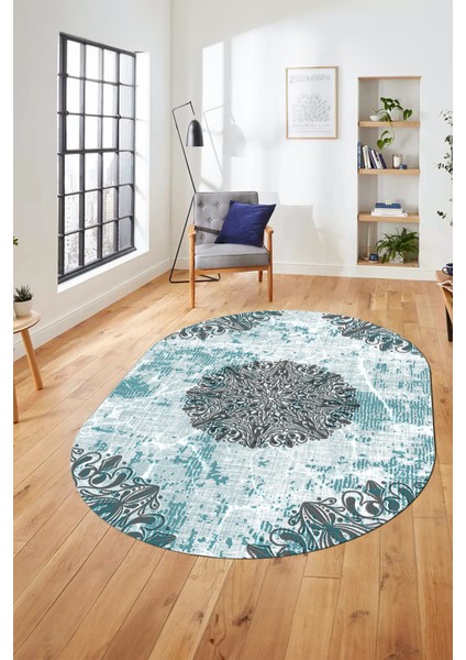 Şık Klasik Desen Dijital Kaymaz Taban Yıkanabilir Oval Yolluk Salon Halısı, O-Klasik-19-Mavi, indirimleri