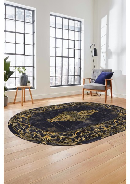 Göbekli Klasik Motifli Dijital Kaymaz Yıkanabilir Oval Yolluk Salon Halısı, O-Klasik-28-Gold, fırsatları