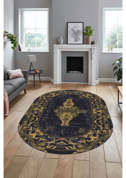 Göbekli Klasik Motifli Dijital Kaymaz Yıkanabilir Oval Yolluk Salon Halısı, O-Klasik-28-Gold, indirimleri