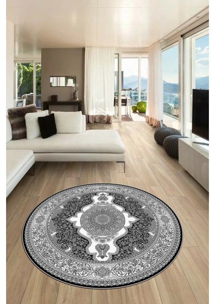 Baskılı Kaymaz Yıkanabilir Çerçeveli Göbekli Klasik Desen Salon Halısı, Y-Klasik-02-Antrasit,