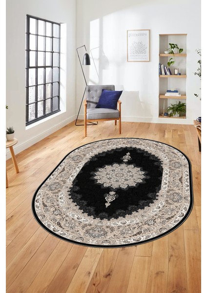 Baskılı Kaymaz Yıkanabilir Göbekli Klasik Desen Oval Mutfak Salon Halısı, O-Klasik-03-Antrasit,