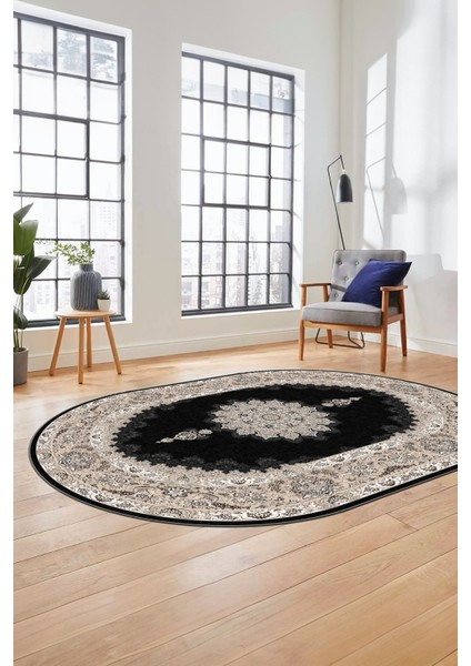 Baskılı Kaymaz Yıkanabilir Göbekli Klasik Desen Oval Mutfak Salon Halısı, O-Klasik-03-Antrasit, fiyatları