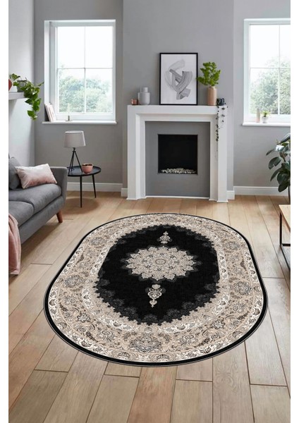 Baskılı Kaymaz Yıkanabilir Göbekli Klasik Desen Oval Mutfak Salon Halısı, O-Klasik-03-Antrasit, modelleri