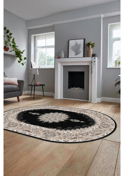 Baskılı Kaymaz Yıkanabilir Göbekli Klasik Desen Oval Mutfak Salon Halısı, O-Klasik-03-Antrasit, fırsatları