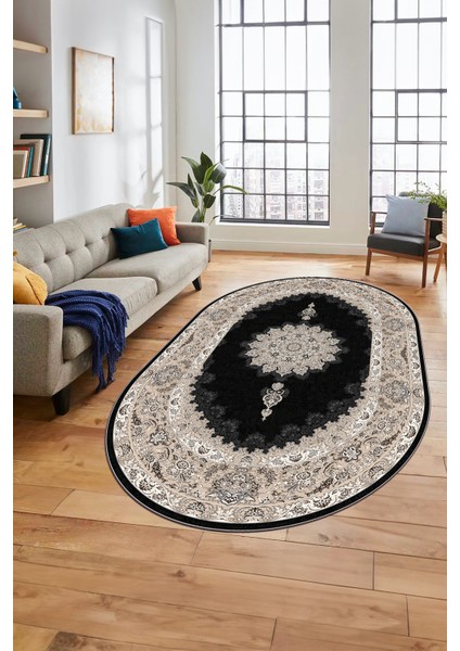 Baskılı Kaymaz Yıkanabilir Göbekli Klasik Desen Oval Mutfak Salon Halısı, O-Klasik-03-Antrasit, indirimleri