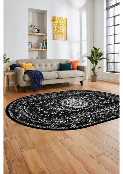 Şık Klasik Dijital Kaymaz Taban Yıkanabilir Oval Yolluk Mutfak Salon Halısı, O-Klasik-14-Antrasit, modelleri