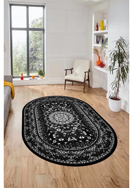 Şık Klasik Dijital Kaymaz Taban Yıkanabilir Oval Yolluk Mutfak Salon Halısı, O-Klasik-14-Antrasit, fırsatları