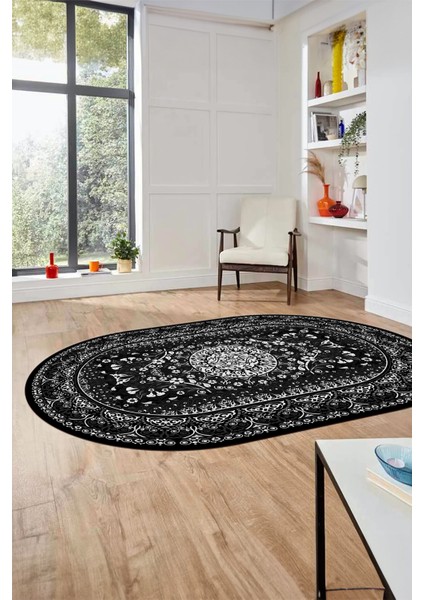 Şık Klasik Dijital Kaymaz Taban Yıkanabilir Oval Yolluk Mutfak Salon Halısı, O-Klasik-14-Antrasit, indirimleri