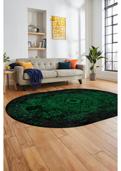 Renkli Klasik Desen Dijital Kaymaz Taban Yıkanabilir Oval Yolluk Salon Halısı, O-Klasik-12-Yeşil, fırsatları