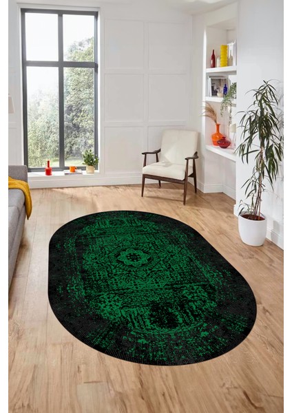 Renkli Klasik Desen Dijital Kaymaz Taban Yıkanabilir Oval Yolluk Salon Halısı, O-Klasik-12-Yeşil, indirimleri