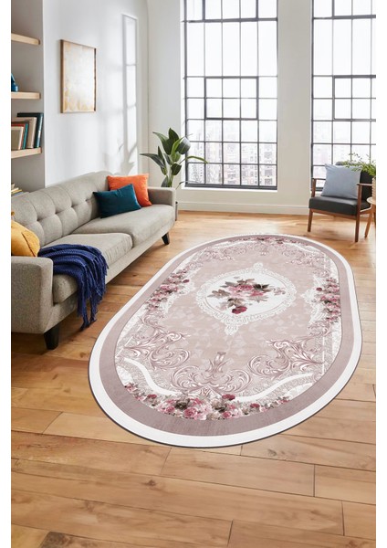 Çiçekli Klasik Dijital Kaymaz Taban Yıkanabilir Oval Yolluk Salon Halısı, O-Klasik-16-Pembe, fiyatları
