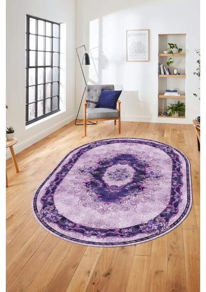 Çiçekli Klasik Motifli Dijital Kaymaz Yıkanabilir Oval Yolluk Salon Halısı, O-Klasik-29-Mor, fiyatları