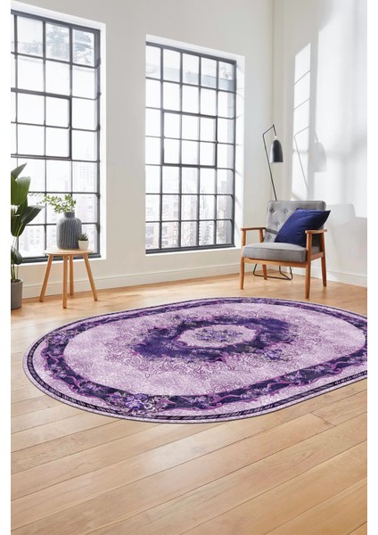 Çiçekli Klasik Motifli Dijital Kaymaz Yıkanabilir Oval Yolluk Salon Halısı, O-Klasik-29-Mor, modelleri