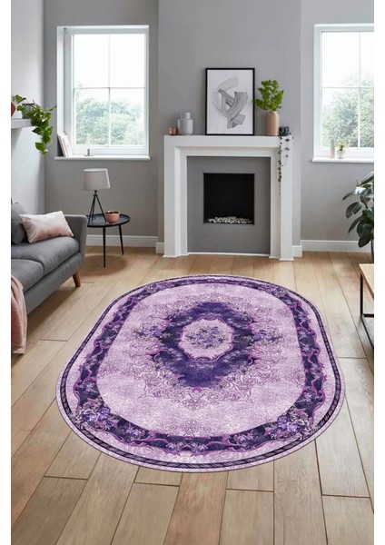 Çiçekli Klasik Motifli Dijital Kaymaz Yıkanabilir Oval Yolluk Salon Halısı, O-Klasik-29-Mor, fırsatları