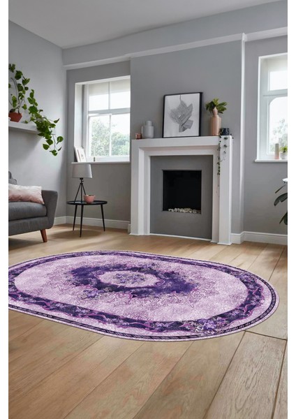 Çiçekli Klasik Motifli Dijital Kaymaz Yıkanabilir Oval Yolluk Salon Halısı, O-Klasik-29-Mor, indirimleri