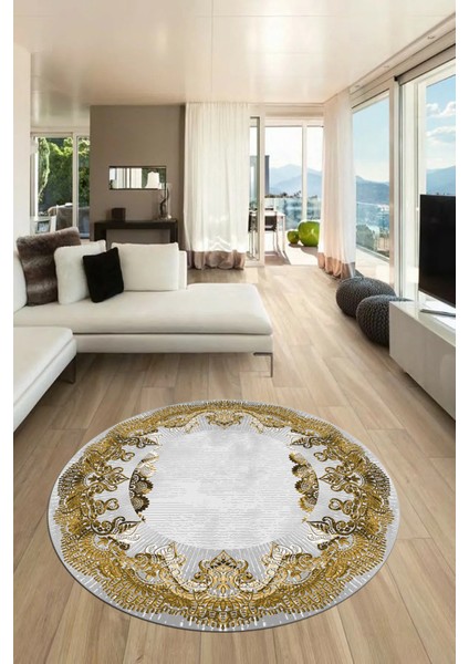 Baskılı Kaymaz Yıkanabilir Renkli Klasik Desen Yuvarlak Salon Halısı, Y-Klasik-08-Kahve,