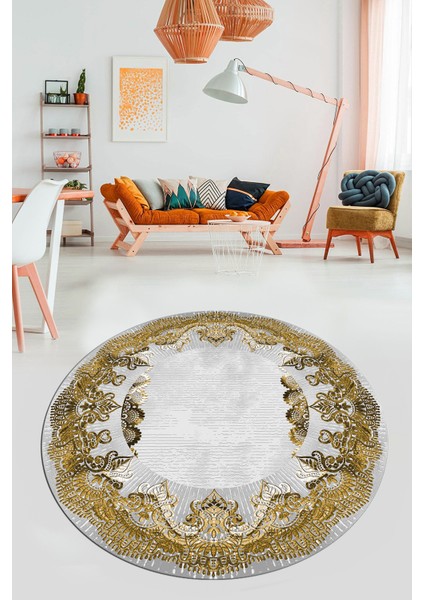 Baskılı Kaymaz Yıkanabilir Renkli Klasik Desen Yuvarlak Salon Halısı, Y-Klasik-08-Kahve, modelleri