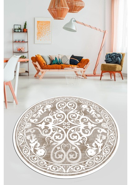 Baskılı Kaymaz Yıkanabilir Klasik Desenli Yuvarlak Mutfak Salon Halısı, Y-Klasik-09-Kahve, fiyatları