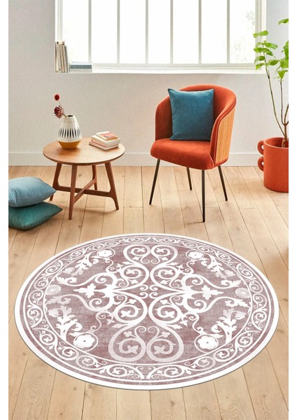 Baskılı Kaymaz Yıkanabilir Klasik Desenli Yuvarlak Mutfak Salon Halısı, Y-Klasik-09-Pembe,