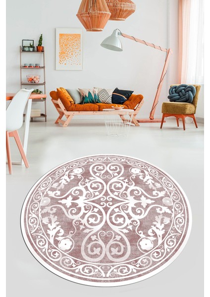 Baskılı Kaymaz Yıkanabilir Klasik Desenli Yuvarlak Mutfak Salon Halısı, Y-Klasik-09-Pembe, fiyatları