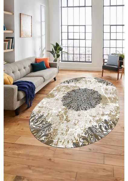 Şık Klasik Desen Dijital Kaymaz Taban Yıkanabilir Oval Yolluk Salon Halısı, O-Klasik-19-Kahve,