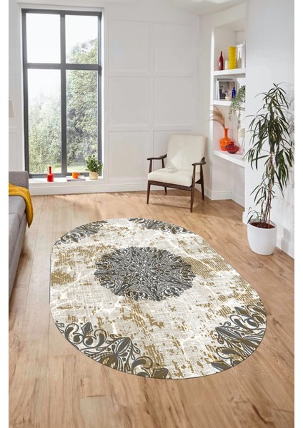 Şık Klasik Desen Dijital Kaymaz Taban Yıkanabilir Oval Yolluk Salon Halısı, O-Klasik-19-Kahve, modelleri