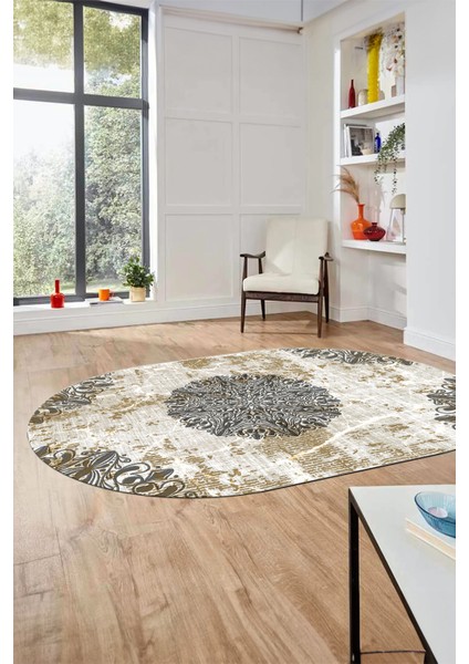Şık Klasik Desen Dijital Kaymaz Taban Yıkanabilir Oval Yolluk Salon Halısı, O-Klasik-19-Kahve, fırsatları