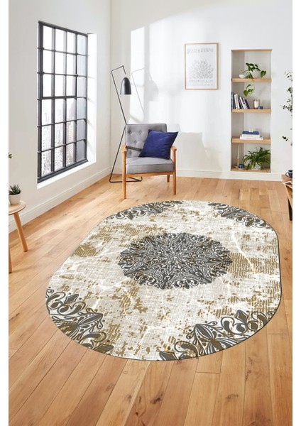 Şık Klasik Desen Dijital Kaymaz Taban Yıkanabilir Oval Yolluk Salon Halısı, O-Klasik-19-Kahve, indirimleri