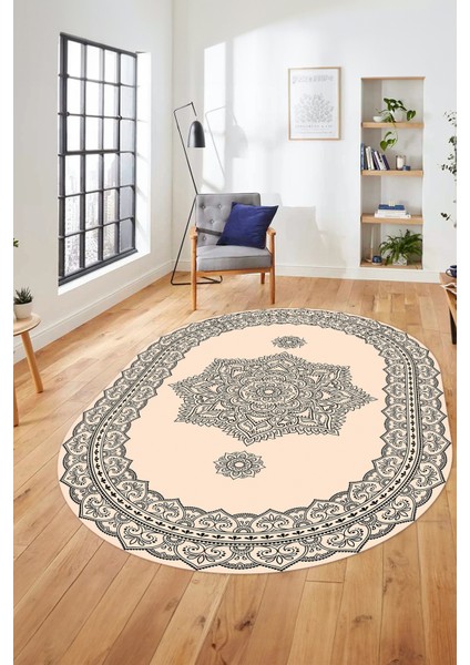 Şık Göbekli Klasik Motifli Dijital Kaymaz Yıkanabilir Oval Yolluk Salon Halısı, O-Klasik-30-Krem, fiyatları