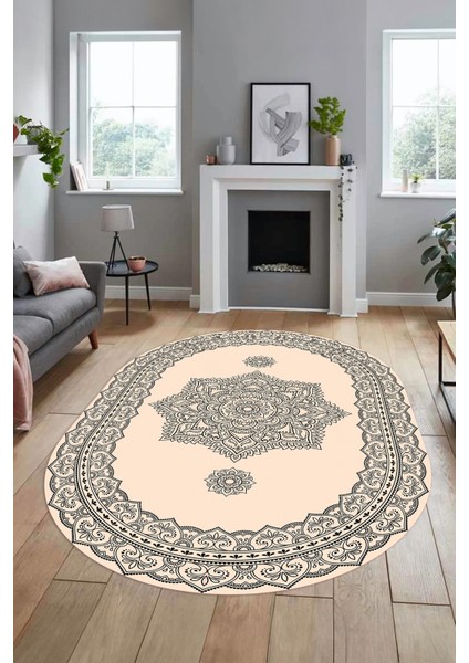 Şık Göbekli Klasik Motifli Dijital Kaymaz Yıkanabilir Oval Yolluk Salon Halısı, O-Klasik-30-Krem, fırsatları