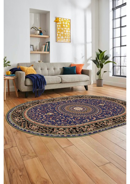 Klasik Desenli Dijital Kaymaz Yıkanabilir Oval Yolluk Koridor Salon Halısı, O-Klasik-21-Lacivert,