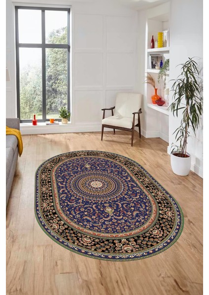 Klasik Desenli Dijital Kaymaz Yıkanabilir Oval Yolluk Koridor Salon Halısı, O-Klasik-21-Lacivert, fiyatları