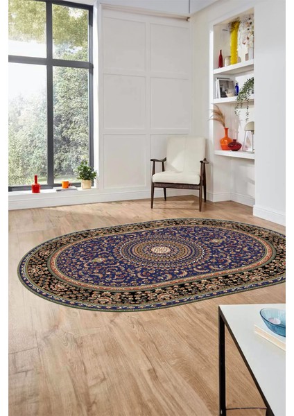 Klasik Desenli Dijital Kaymaz Yıkanabilir Oval Yolluk Koridor Salon Halısı, O-Klasik-21-Lacivert, modelleri