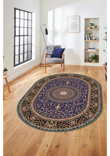 Klasik Desenli Dijital Kaymaz Yıkanabilir Oval Yolluk Koridor Salon Halısı, O-Klasik-21-Lacivert, fırsatları