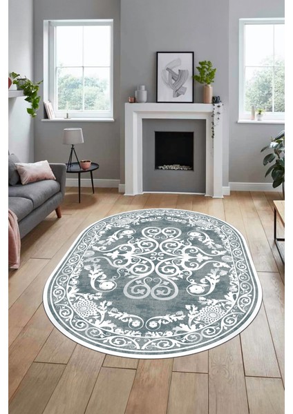 Baskılı Kaymaz Yıkanabilir Klasik Desenli Oval Yolluk Mutfak Salon Halısı, O-Klasik-09-Mavi,