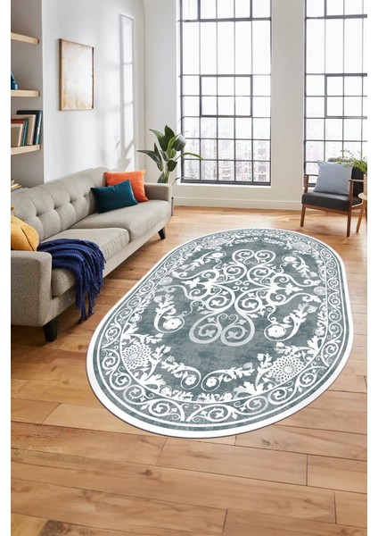 Baskılı Kaymaz Yıkanabilir Klasik Desenli Oval Yolluk Mutfak Salon Halısı, O-Klasik-09-Mavi, modelleri