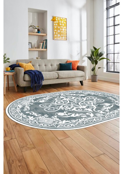 Baskılı Kaymaz Yıkanabilir Klasik Desenli Oval Yolluk Mutfak Salon Halısı, O-Klasik-09-Mavi, fırsatları